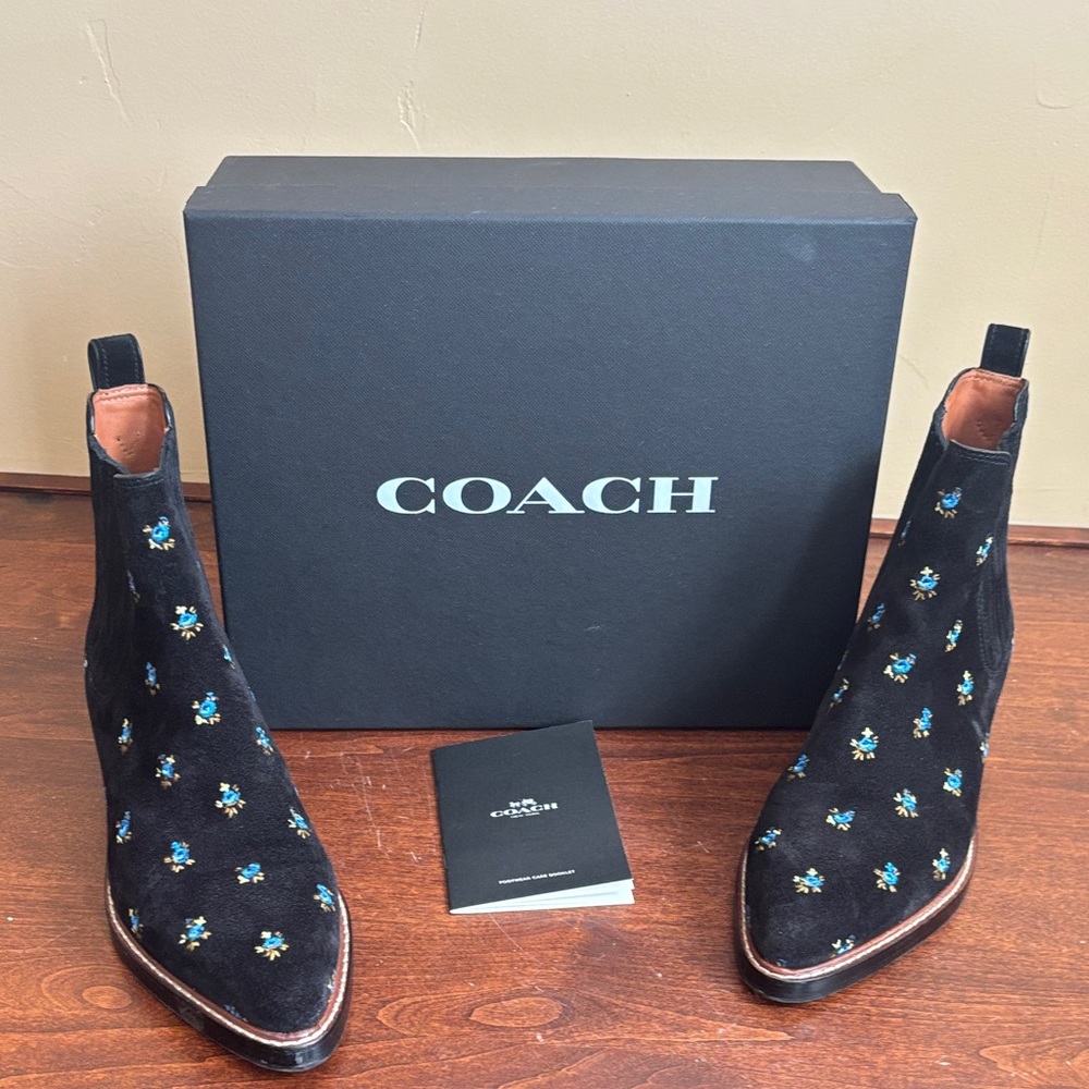 Coach Black Ankle Boots with Blue Floral Design